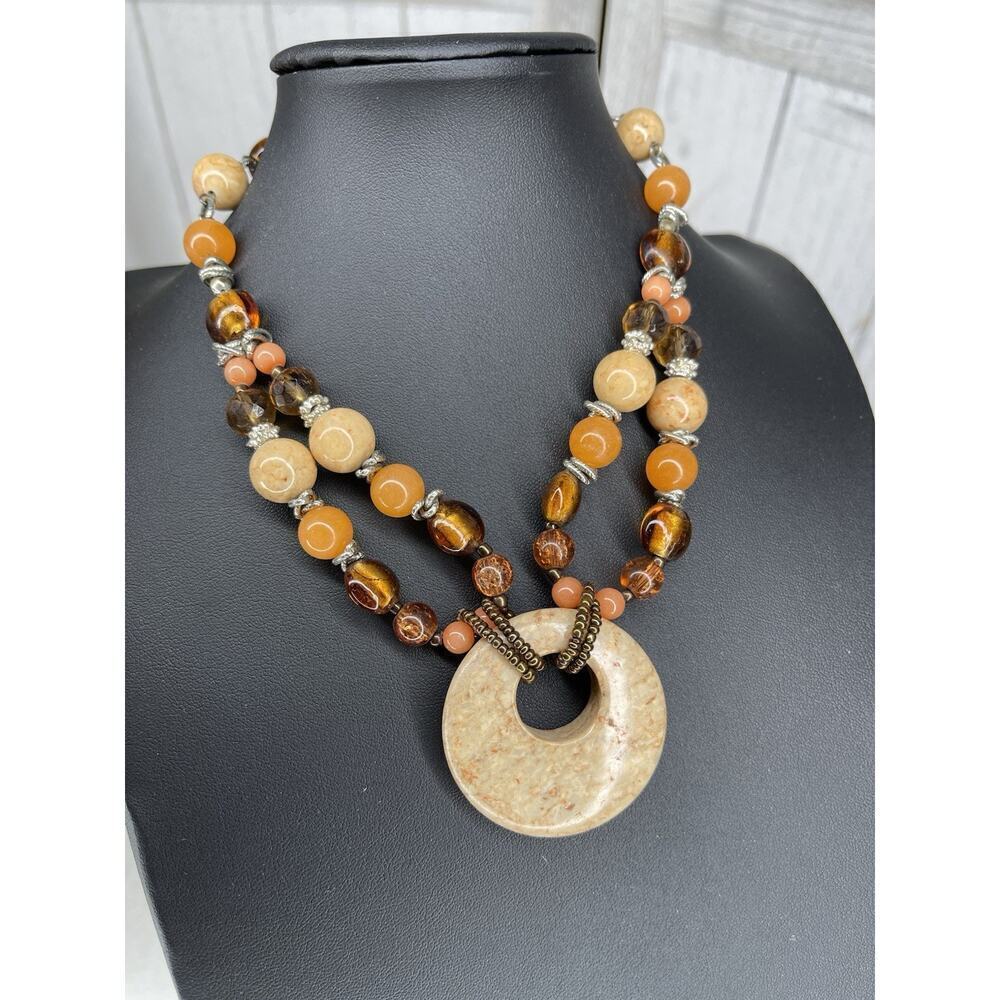 Glass & Stone Beaded Orange Browns Large Circle Pendant Necklace Statement